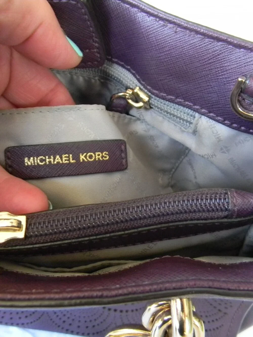 MICHAEL KORS PURPLE SAFFIANO LEATHER PERFORATED SOFIA MEDIUM SATCHEL